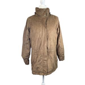 LL Bean Jacket Womens M Brown Leather Coat Lined‎ Long Sleeve Mock Neck Vintage